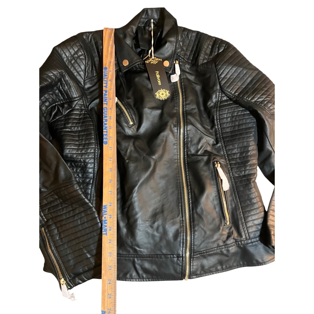 Pallivare Womens Black Faux Leather Moto Jacket Biker Style Gold Zippers Quilted - Picture 4 of 7